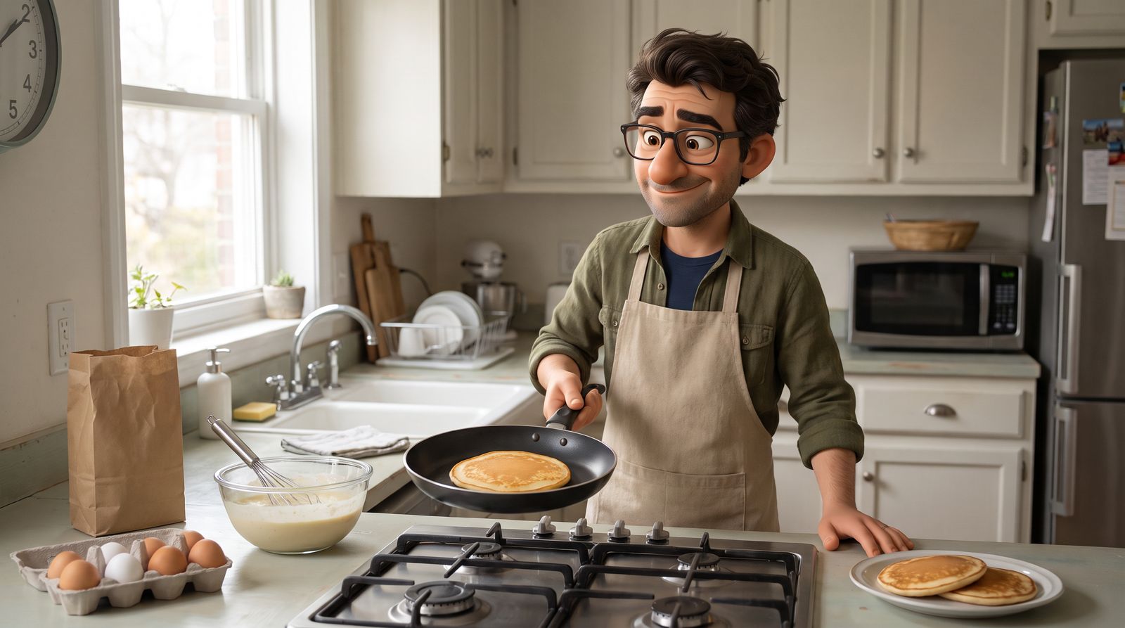 Otto, an animated character in glasses and an apron, cooking a pancake in a kitchen