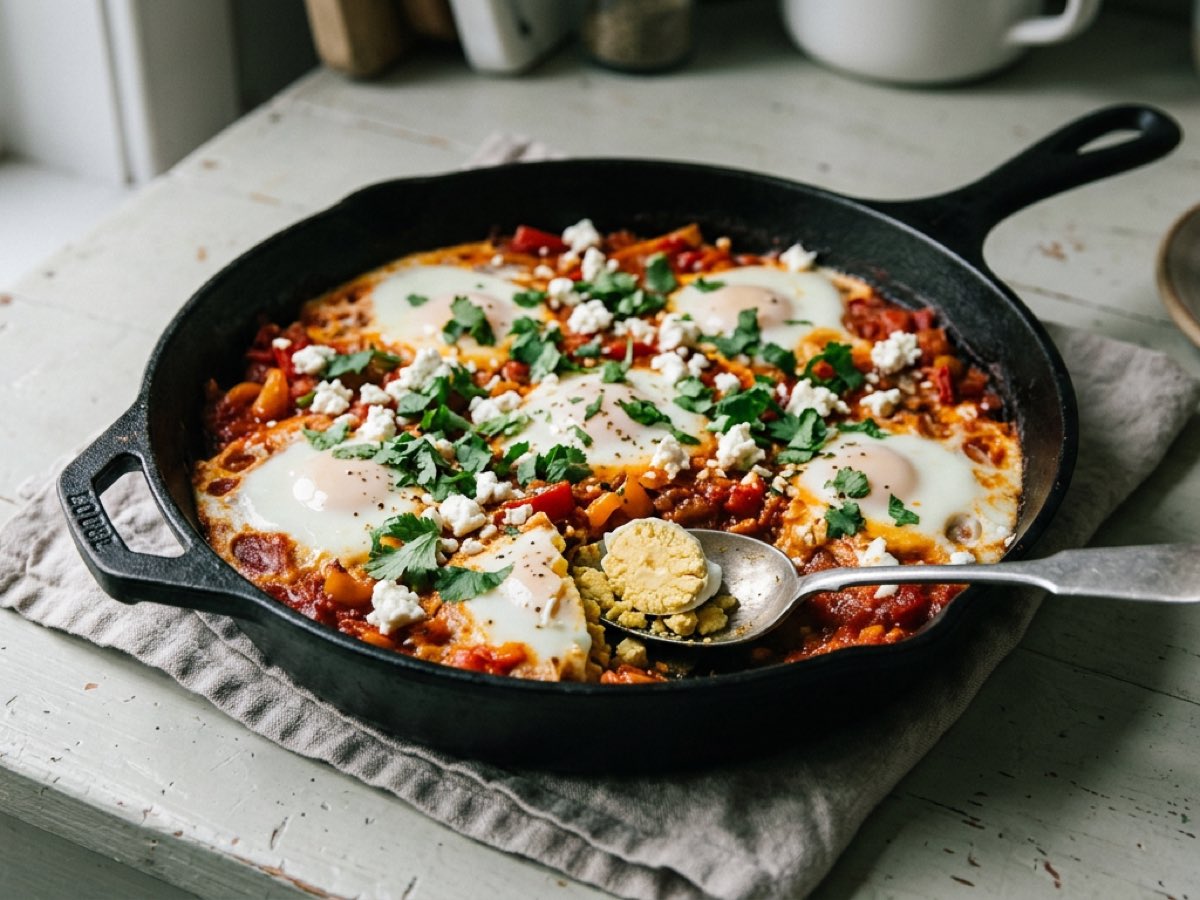 Illustration of Shakshuka with Set Yolks